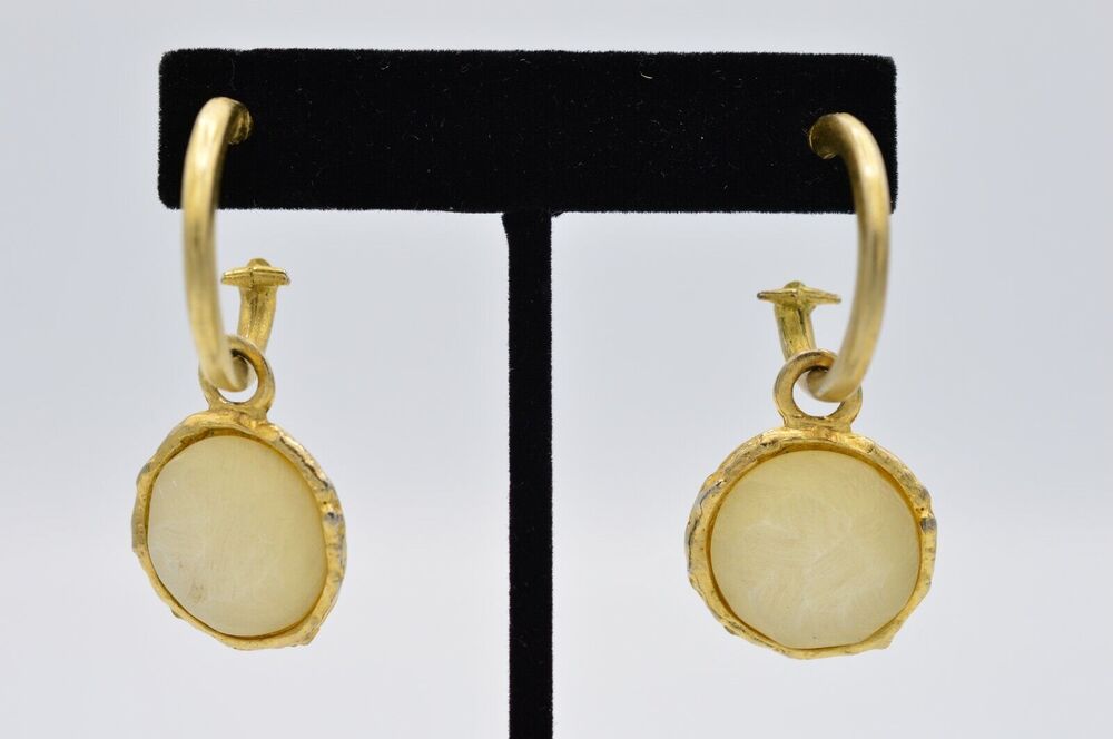 Vintage Cabochon Earrings Brushed Gold Dangle Frosted Milky Bead 1980s BinAA